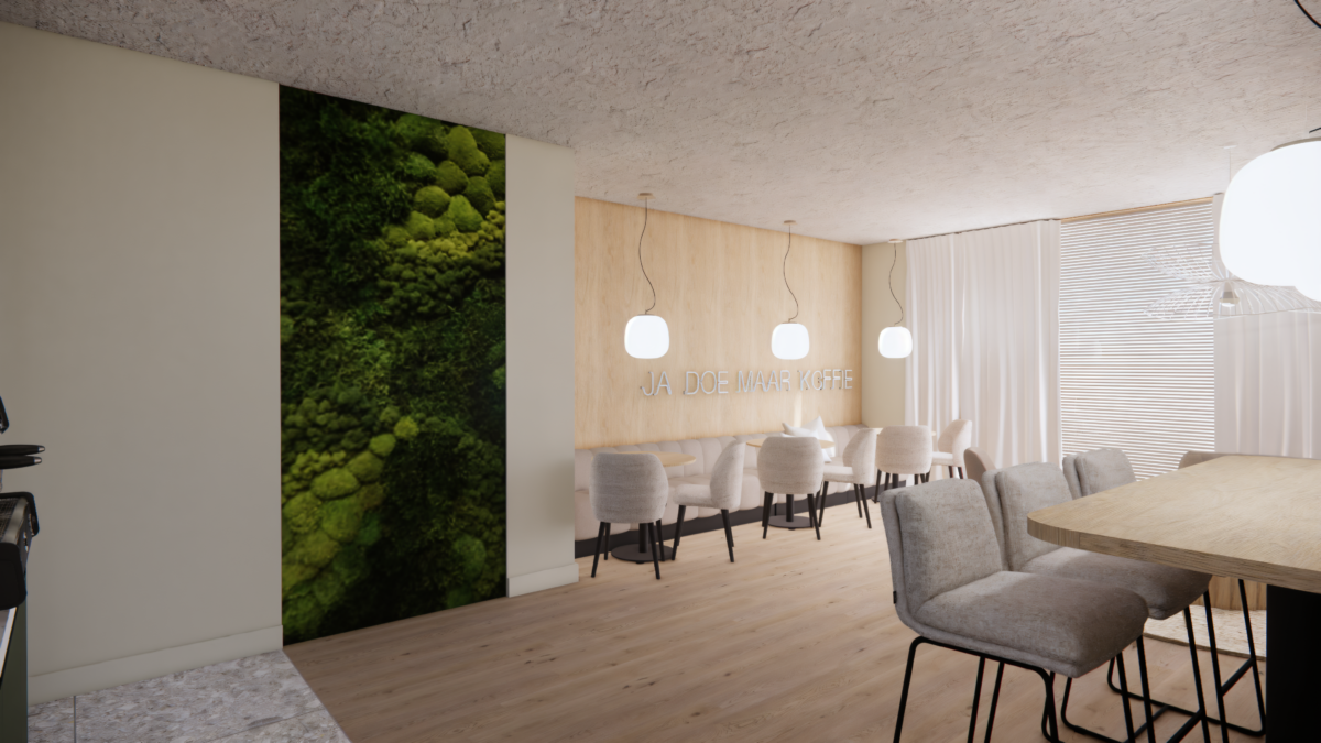 Moderne bedrijfskantine met koffiecorner, comfortabele zitplekken en warme natuurlijke materialen.