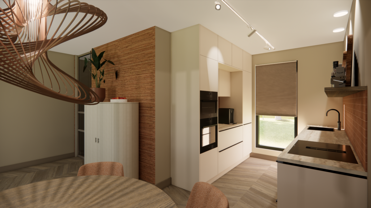 Moderne designkeuken met maatwerkkasten, lichte fronten, natuurstenen werkblad en warme houtaccenten.