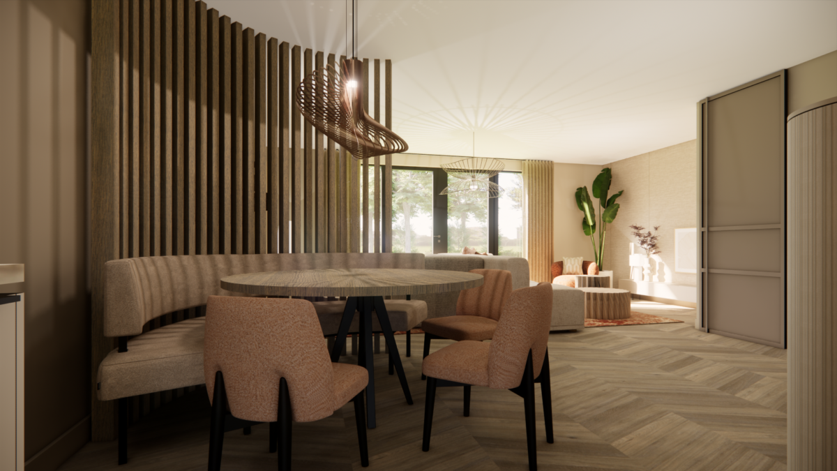 Sfeervolle eethoek met ronde maatwerkbank, houten lattenwand als roomdivider en designverlichting.