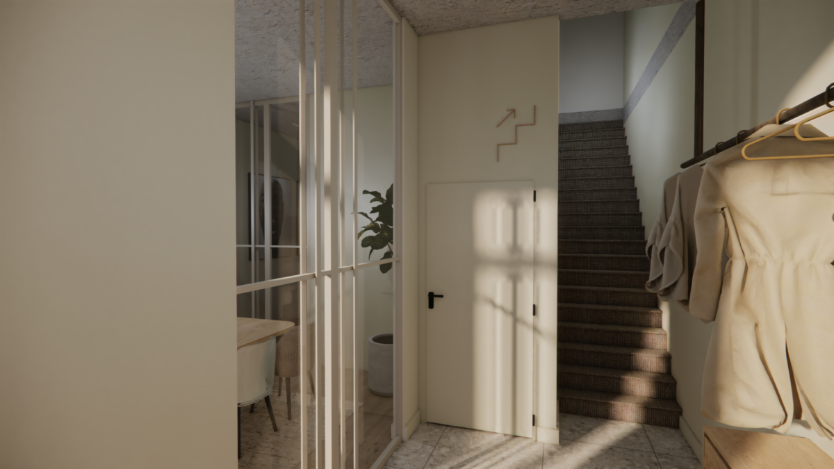 Moderne kantoorentree met glazen vergaderruimte, garderobe en lichte natuurlijke materialen.