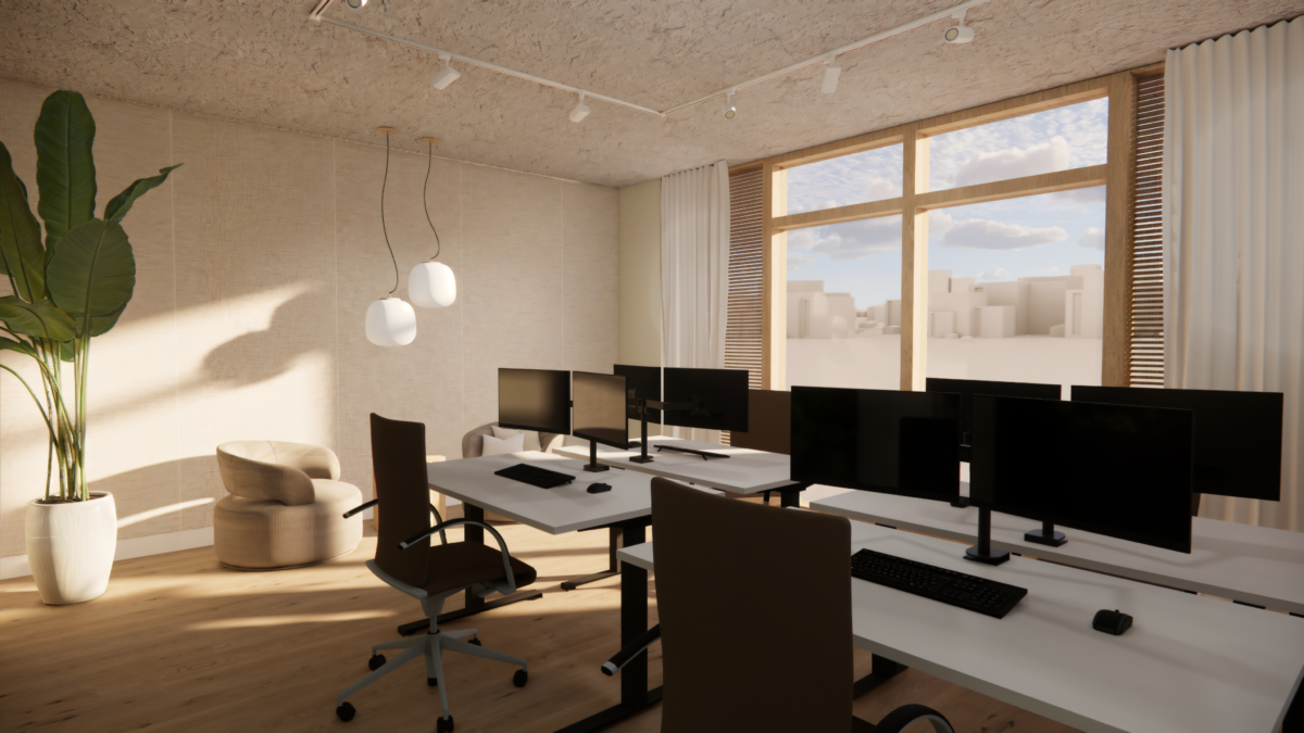 Lichte kantoorruimte met ergonomische bureaus, comfortabele werkplekken en grote raampartijen.