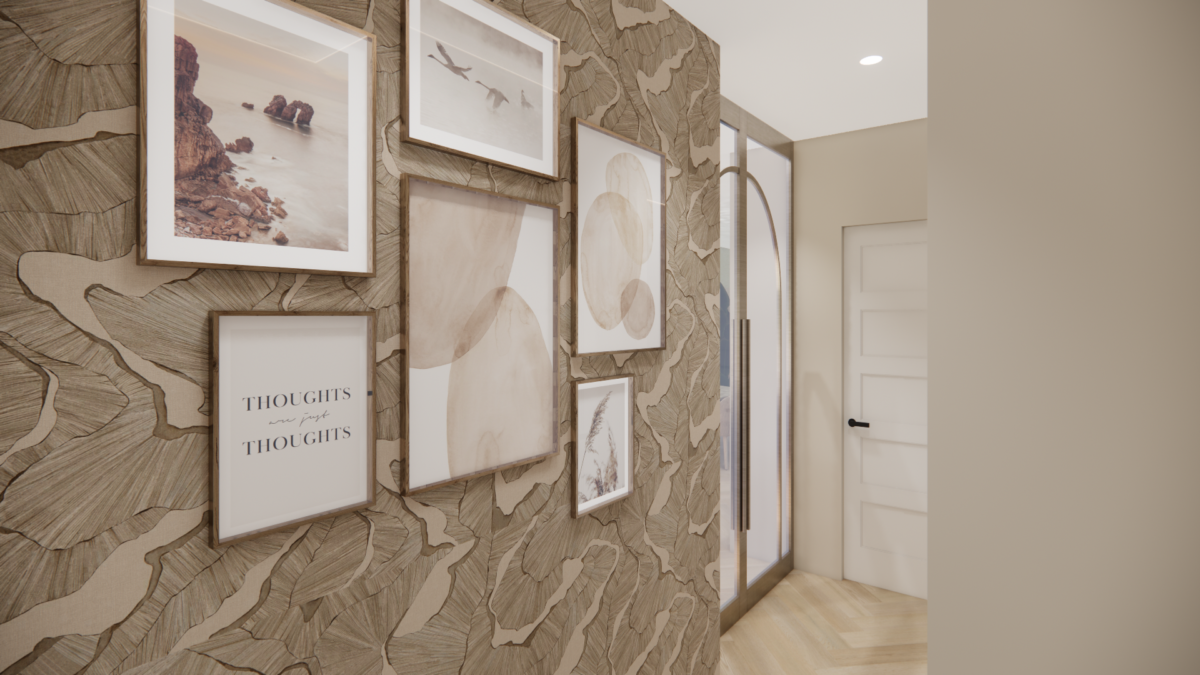 Moderne hal met decoratief behang, gallery wall, glazen taatsdeur en lichte visgraatvloer.