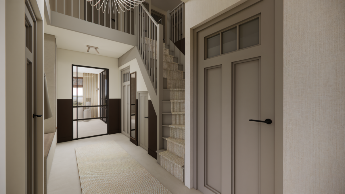 Luxe hal van een villa in Berkel en Rodenrijs met stijlvolle trap, stalen deuren en een warm, tijdloos interieurontwerp door Het Interieur Spreekuur.