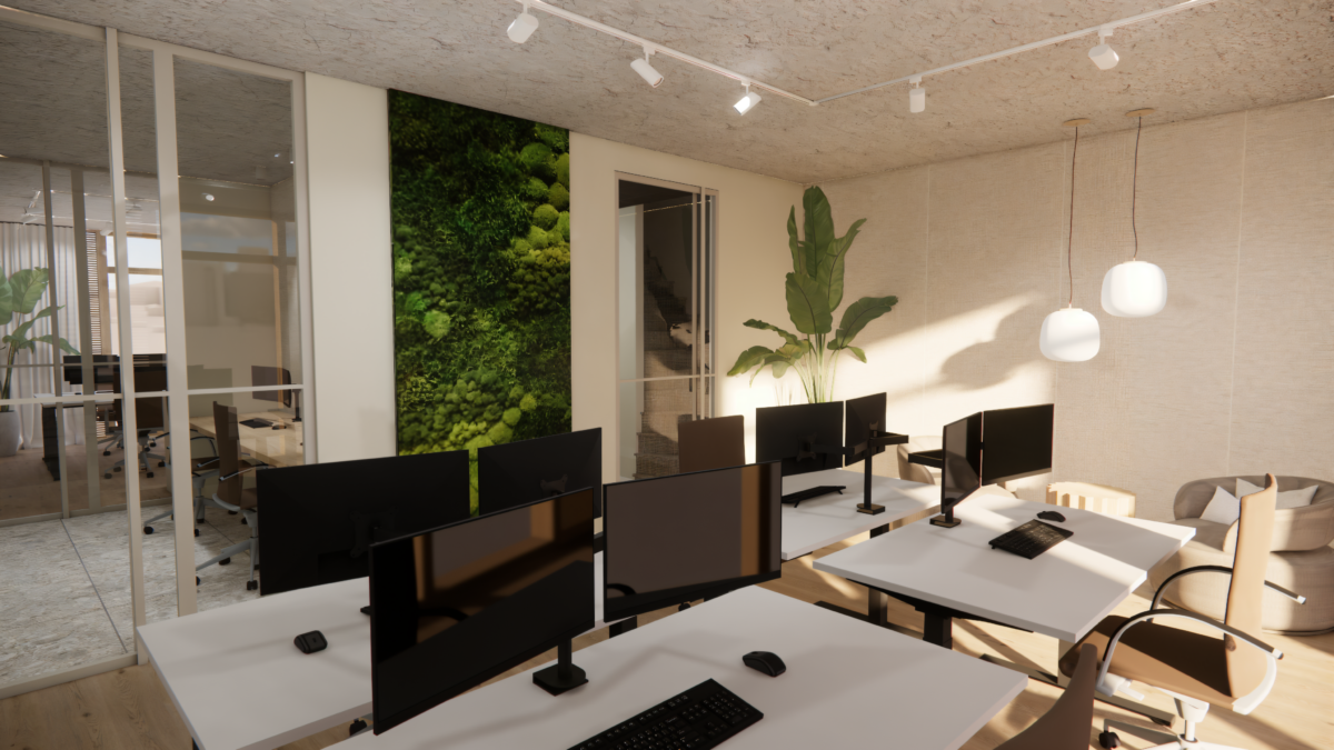 Modern kantoorinterieur met verticale moswand, glazen scheidingswand en ergonomische werkplekken.