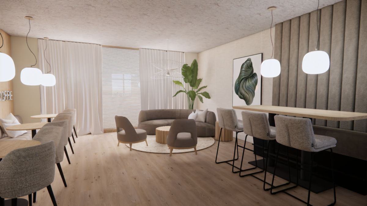 Lounge in een modern kantoor met comfortabele zithoek, hoge tafel en een warme, uitnodigende uitstraling.