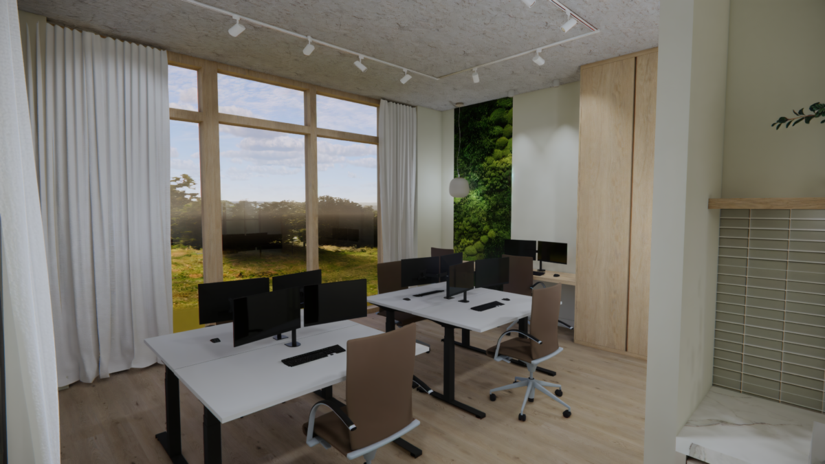 Open kantoorruimte met ergonomische werkplekken, moswand en modern interieurontwerp voor een inspirerende werkomgeving.