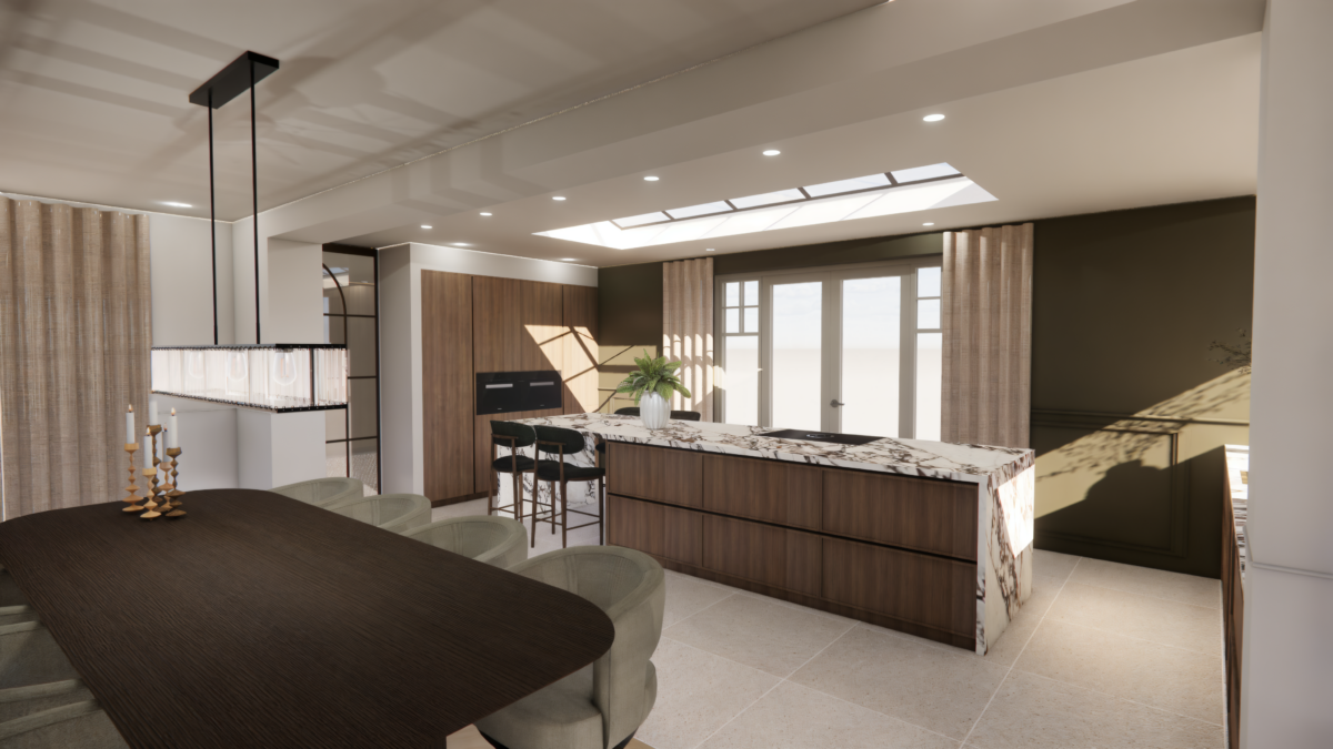 Modern interieurontwerp van een luxe woonkeuken met maatwerk kookeiland, eettafel en warme natuurlijke materialen door Interieur Spreekuur.