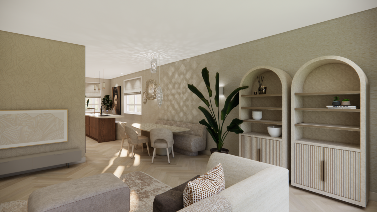 Luxe open leefruimte met woonkamer, eetkamer, maatwerkkasten en organische vormen in een warm modern interieur.