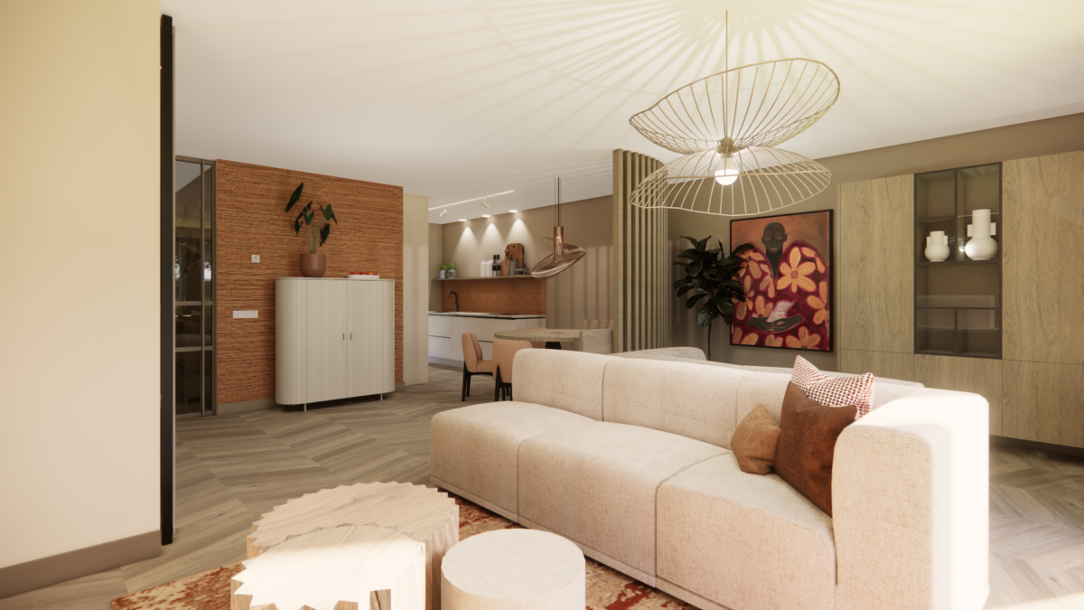 Modern interieur met open woonkamer, luxe keuken, houten roomdivider en warme natuurlijke materialen.