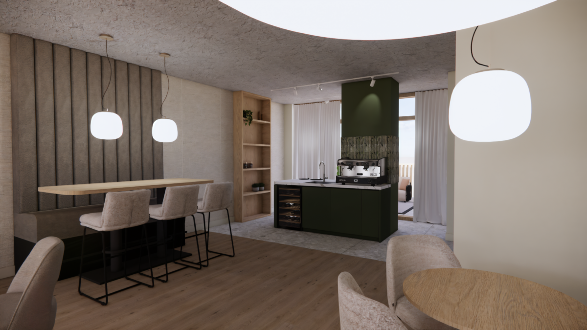 Moderne kantoorpantry met koffiebar, hoge zitbank, maatwerkmeubilair en sfeervolle verlichting.