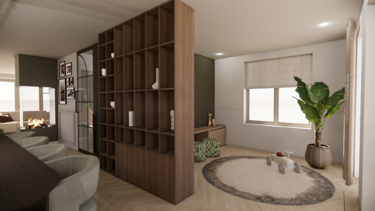 Interieurontwerp met maatwerk roomdivider tussen woonkamer en keuken voor een ruimtelijke en functionele indeling.