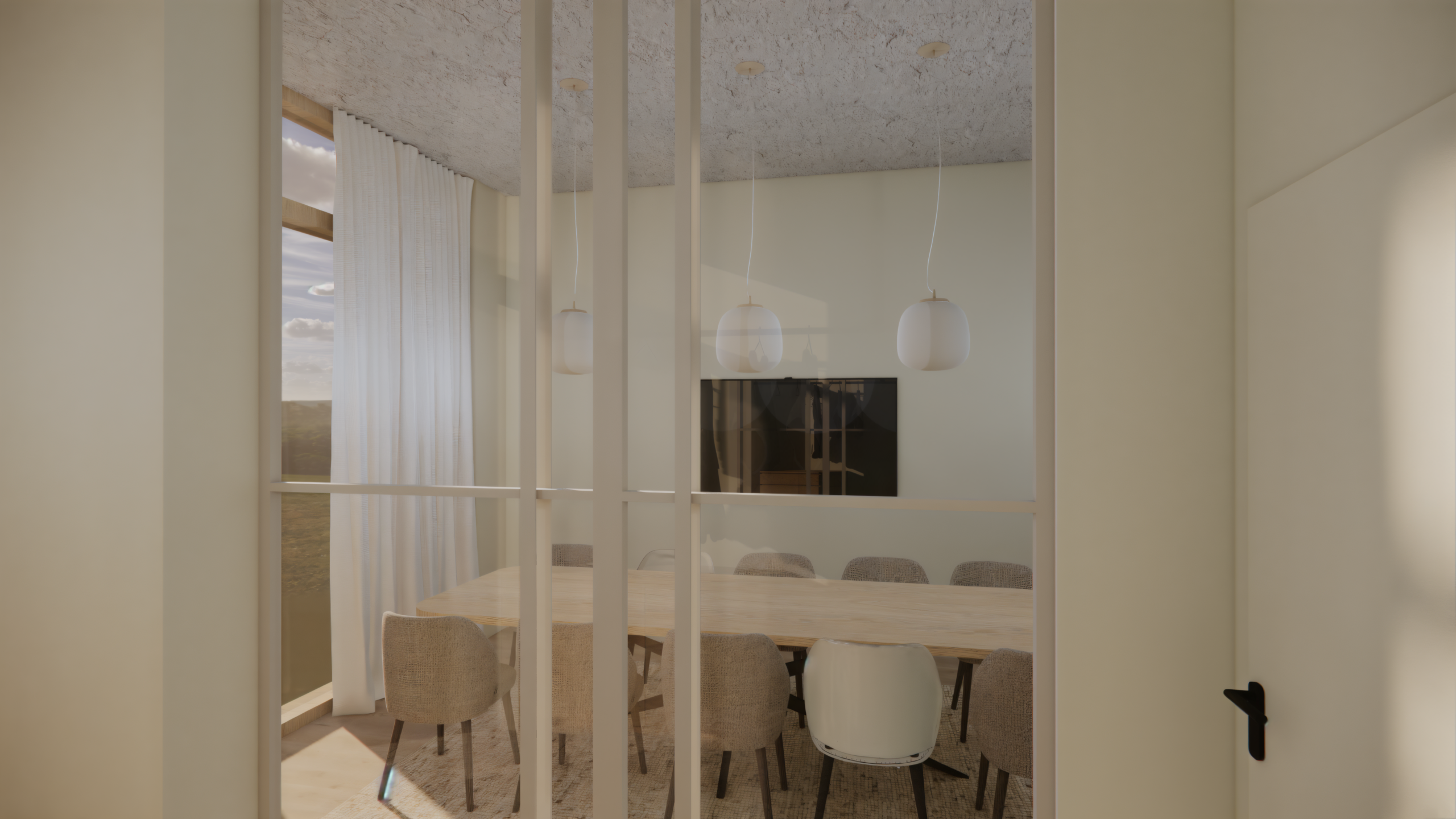 Glazen vergaderruimte met grote houten vergadertafel, designverlichting en veel daglicht in een modern kantoor