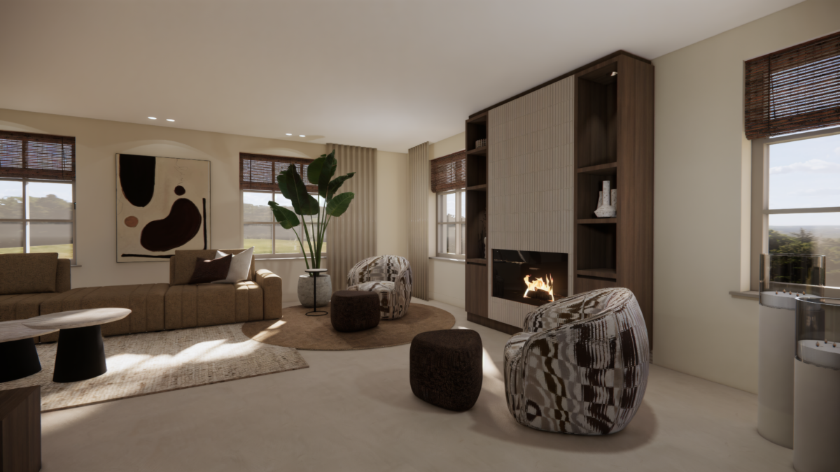 Luxe woonkamer met designhaard, maatwerkkast en warme natuurlijke materialen als onderdeel van een exclusief villa interieurontwerp.