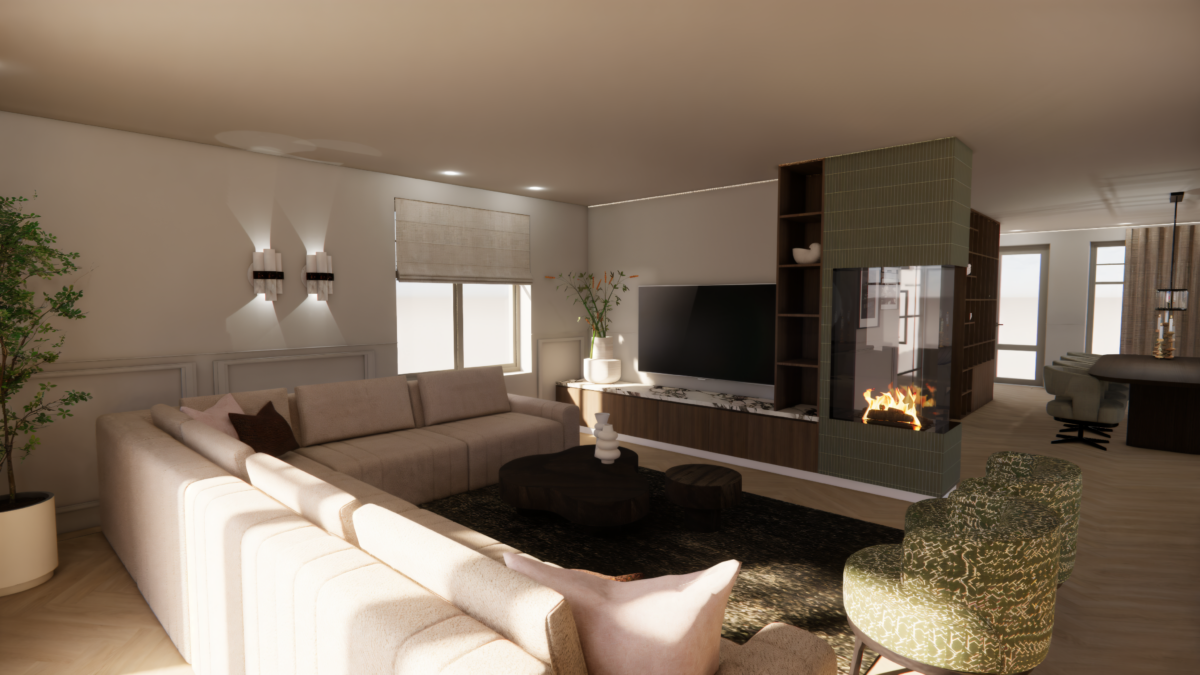 Luxe woonkamer met maatwerk tv-meubel, doorkijkhaard en rustige natuurlijke materialen ontworpen door Interieur Spreekuur.