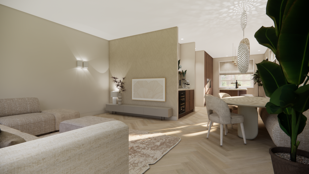Modern interieur met woonkamer, visgraatvloer, eethoek en luxe maatwerk keuken in natuurlijke tinten.