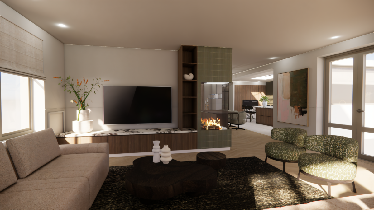 Open leefruimte met luxe woonkamer, designhaard en zicht op de maatwerk keuken als onderdeel van een totaal interieurontwerp.