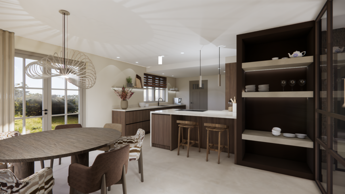Luxe woonkeuken met kookeiland, maatwerkkasten en elegante eethoek in een modern villa interieur ontworpen door Het Interieur Spreekuur.