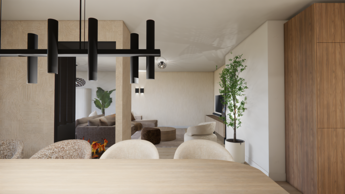 Moderne eethoek met maatwerk roomdivider en doorkijkhaard als stijlvolle scheiding tussen woon- en eetkamer.