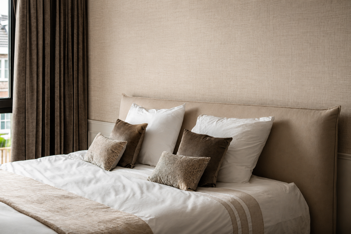 Luxe slaapkamer met beige hoofdbord, zachte linnen texturen, sierkussens en warme neutrale kleuren.