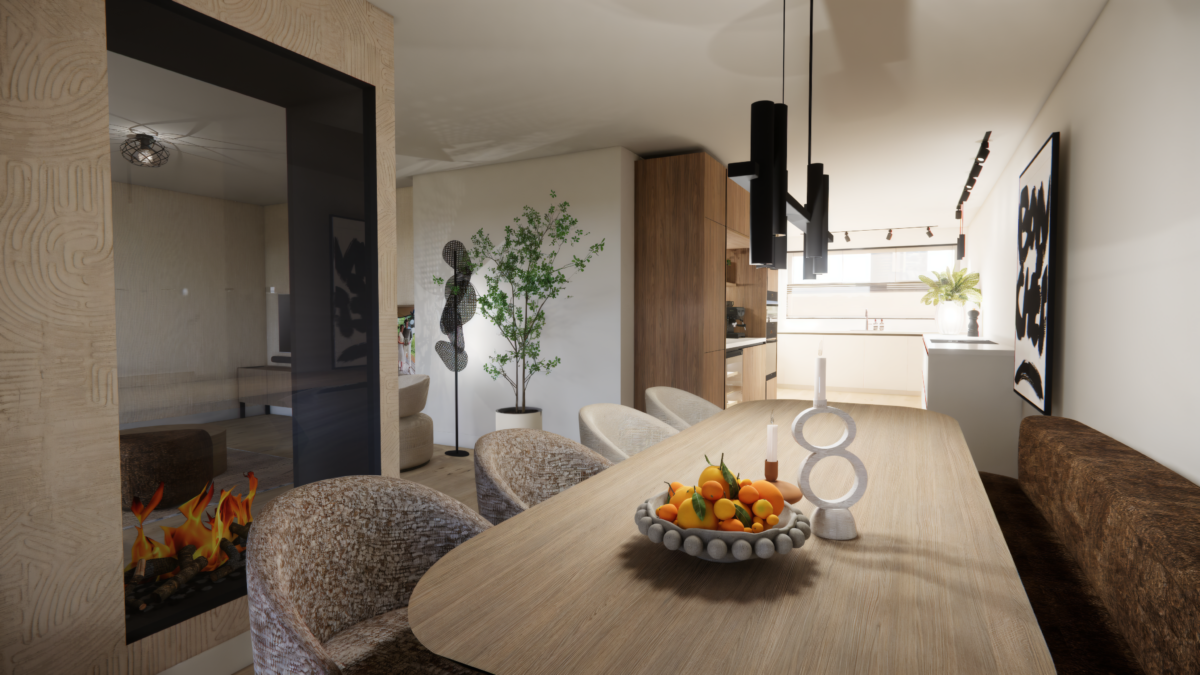Houten eettafel naast een doorkijkhaard en maatwerk roomdivider in een eigentijds interieur in Delfgauw.