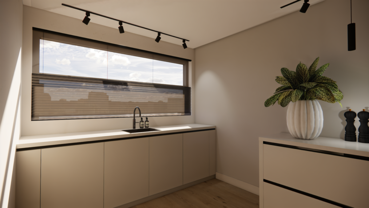Moderne maatwerk keuken met lichte fronten, zwarte accenten en groot raam in een eengezinswoning in Delfgauw.