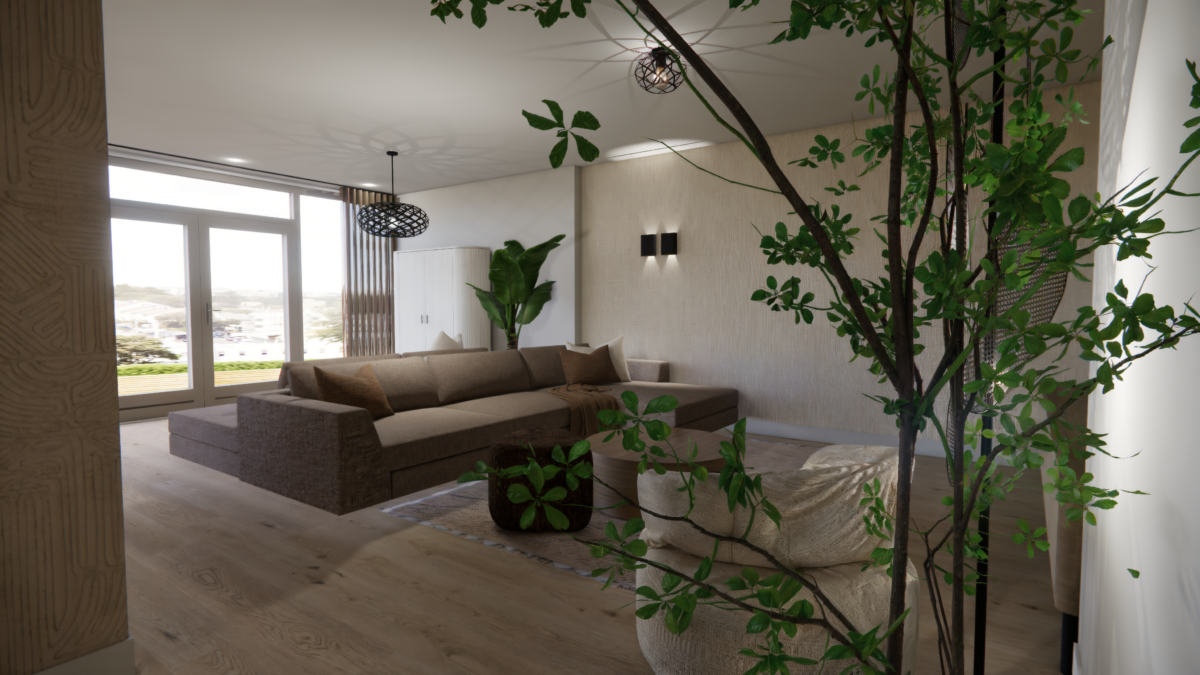 Moderne woonkamer met royale hoekbank, natuurlijke materialen en een rustige kleurencombinatie in Delfgauw.