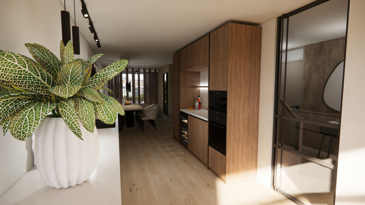 Open maatwerk keuken met warm houtfineer en zicht op de eetkamer in een modern interieur in Delfgauw.