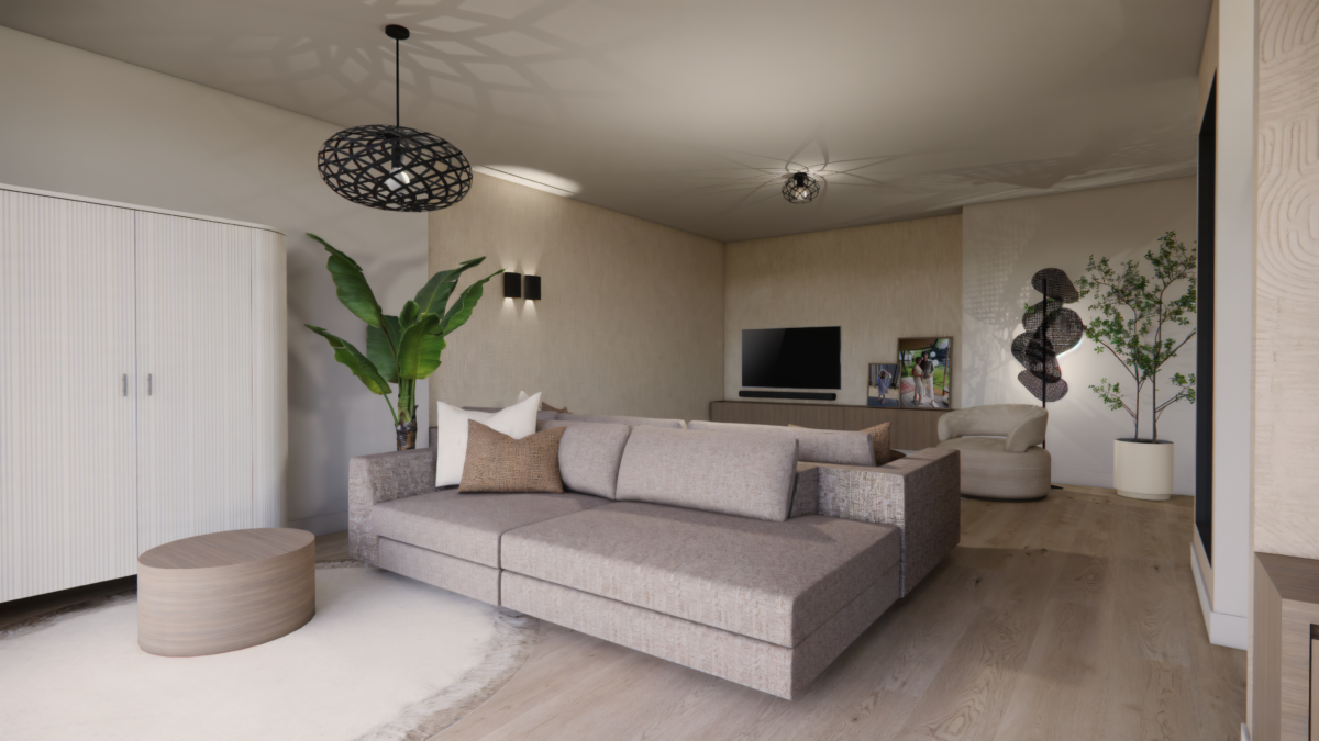 Moderne woonkamer met royale hoekbank, natuurlijke materialen en een rustige kleurencombinatie in Delfgauw.