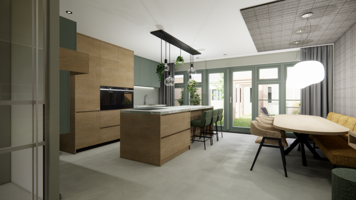Modern interieur met houten maatwerkkeuken, kookeiland en eetkamer in een sfeervol 3D ontwerp van Het Interieur Spreekuur.