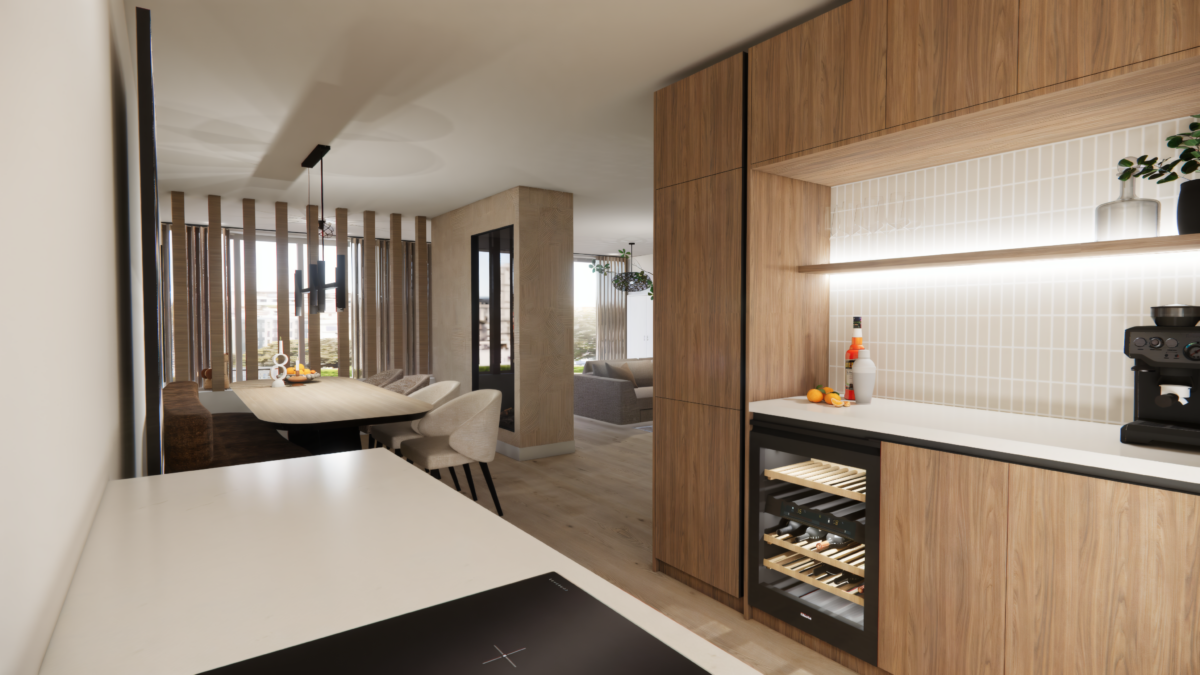 Luxe maatwerk keuken met koffiehoek, wijnklimaatkast en sfeervolle verbinding naar de eetkamer in Delfgauw.