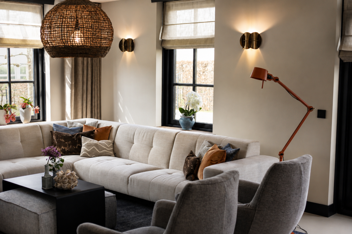 Luxe woonkamer met hoekbank, designverlichting en warme natuurlijke materialen in een landelijk modern interieur