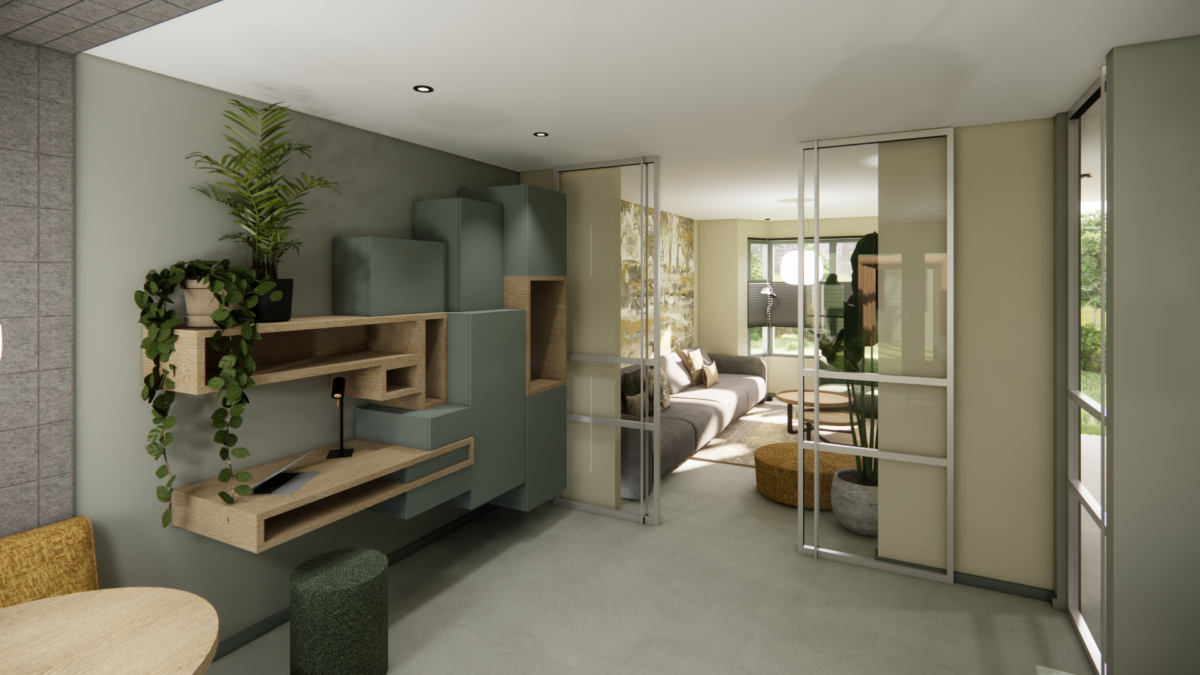 3D interieurontwerp van een maatwerkkast in de hal met doorkijk naar de woonkamer, ontworpen door Het Interieur Spreekuur.
