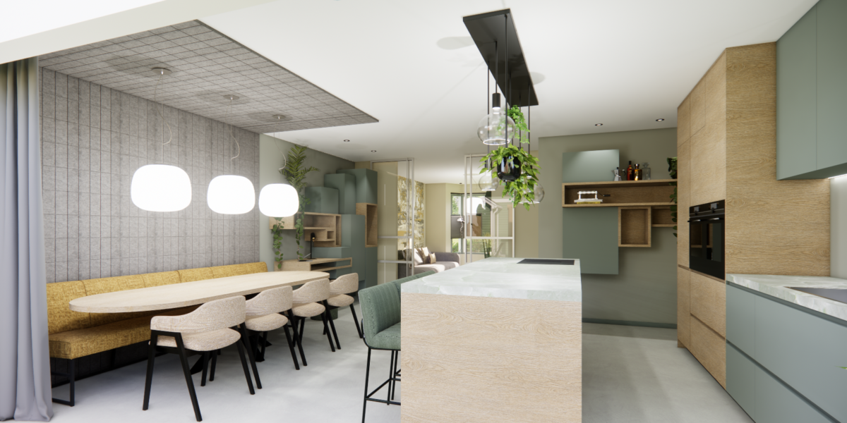 Compleet 3D interieurontwerp van een open keuken, eetkamer en maatwerkkast met natuurlijke materialen en rustige kleuren.