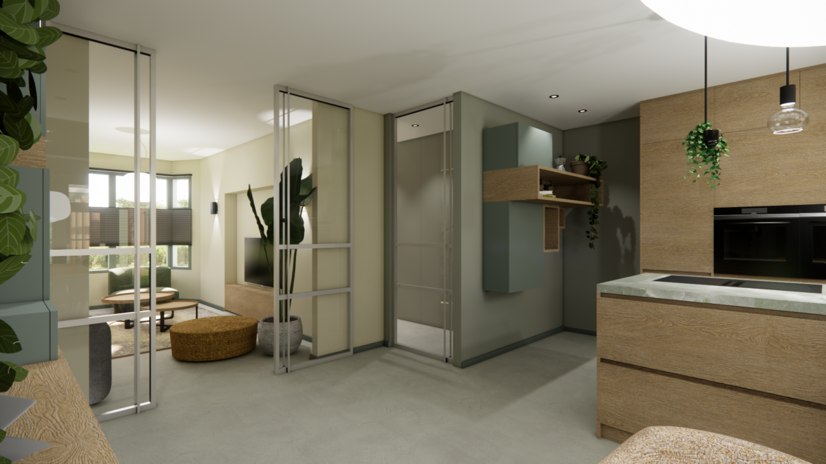 Open leefruimte met maatwerk interieur, glazen schuifdeuren en zicht van de keuken naar de woonkamer in een 3D interieurontwerp.